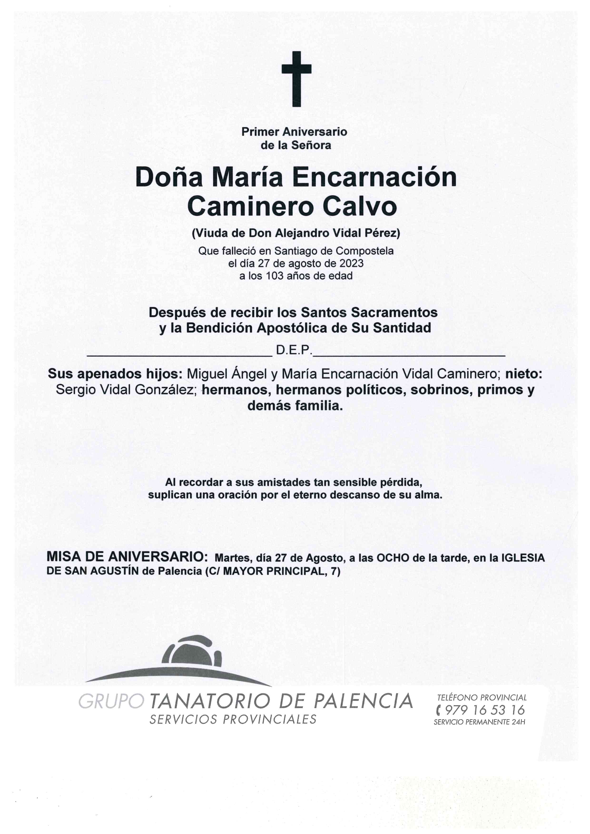 PRIMER ANIVERSARIO DE LA SEÑORA DOÑA ENCARNACIÓN CAMINERO CALVO